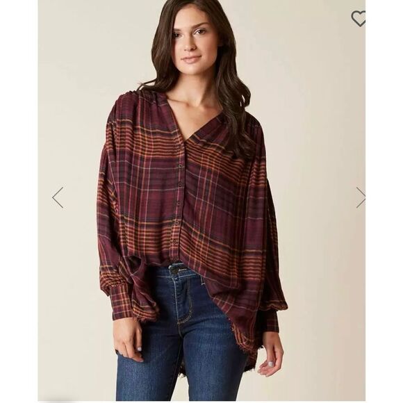 Free People Come On Over Burgundy & Gold Plaid Swing Flannel Over Sized Button D - Picture 2 of 10